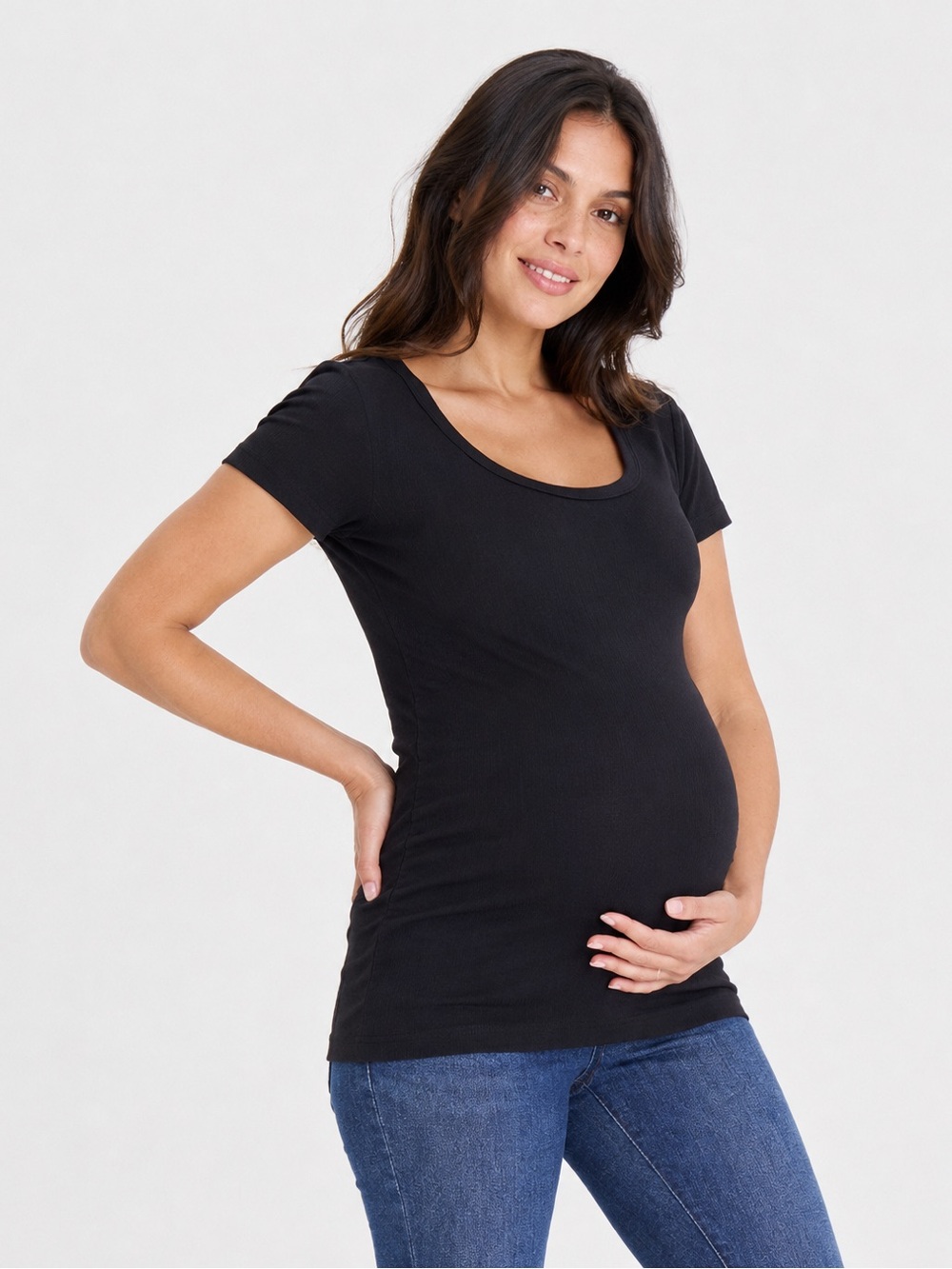 Isabel Maternity Short Sleeve Seamless Ribbed Scoop Neck T-Shirt Black Size M